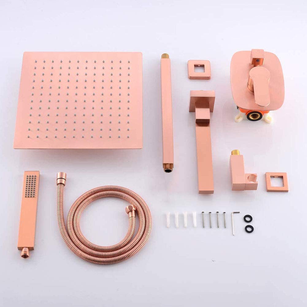 12 Inch Luxury Brass Concealed Shower System - Rainfall Shower Faucet with Hand Shower & Bath Mixer - Brushed Rose Gold Finish for Modern Bathroom & Spa Experience