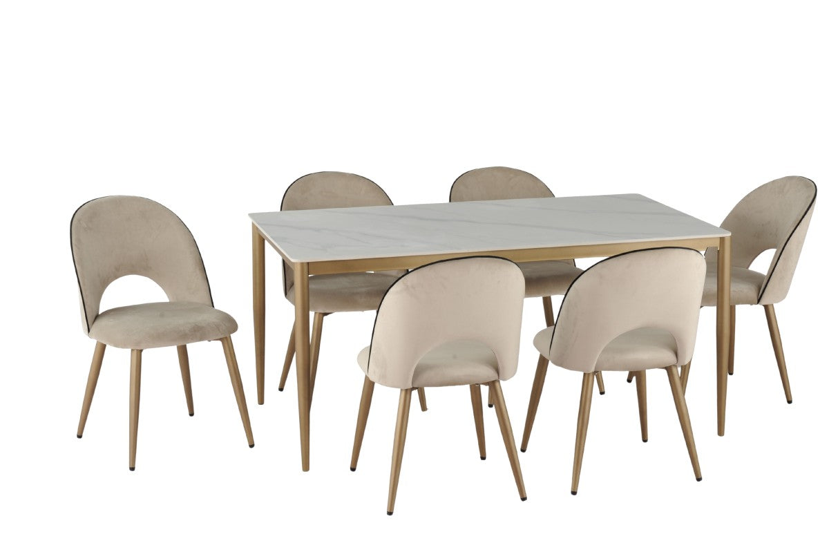 7-Piece Modern Dining Set - White, Gold & Beige - Perfect for Small Spaces, Kitchen Nooks & Apartment Living
