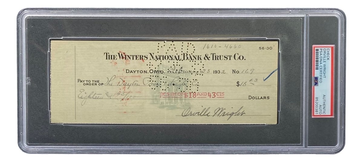 Authentic Orville Wright Signed Bank Check - PSA/DNA Certified 85200381 - Rare Aviation Memorabilia for Collectors & History Enthusiasts