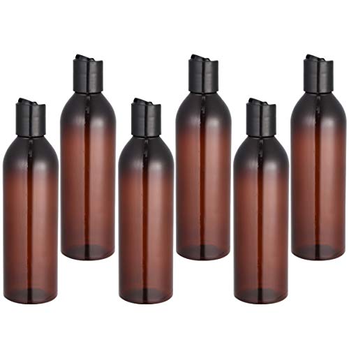 EXCLUZO 6-Pack 250ml Refillable Brown Squeeze Bottles for Shampoo, Lotion & Cream - Leak-Proof Flip Top Cap with Press Disc - Perfect for Travel, Gym & Home Bathroom Organization