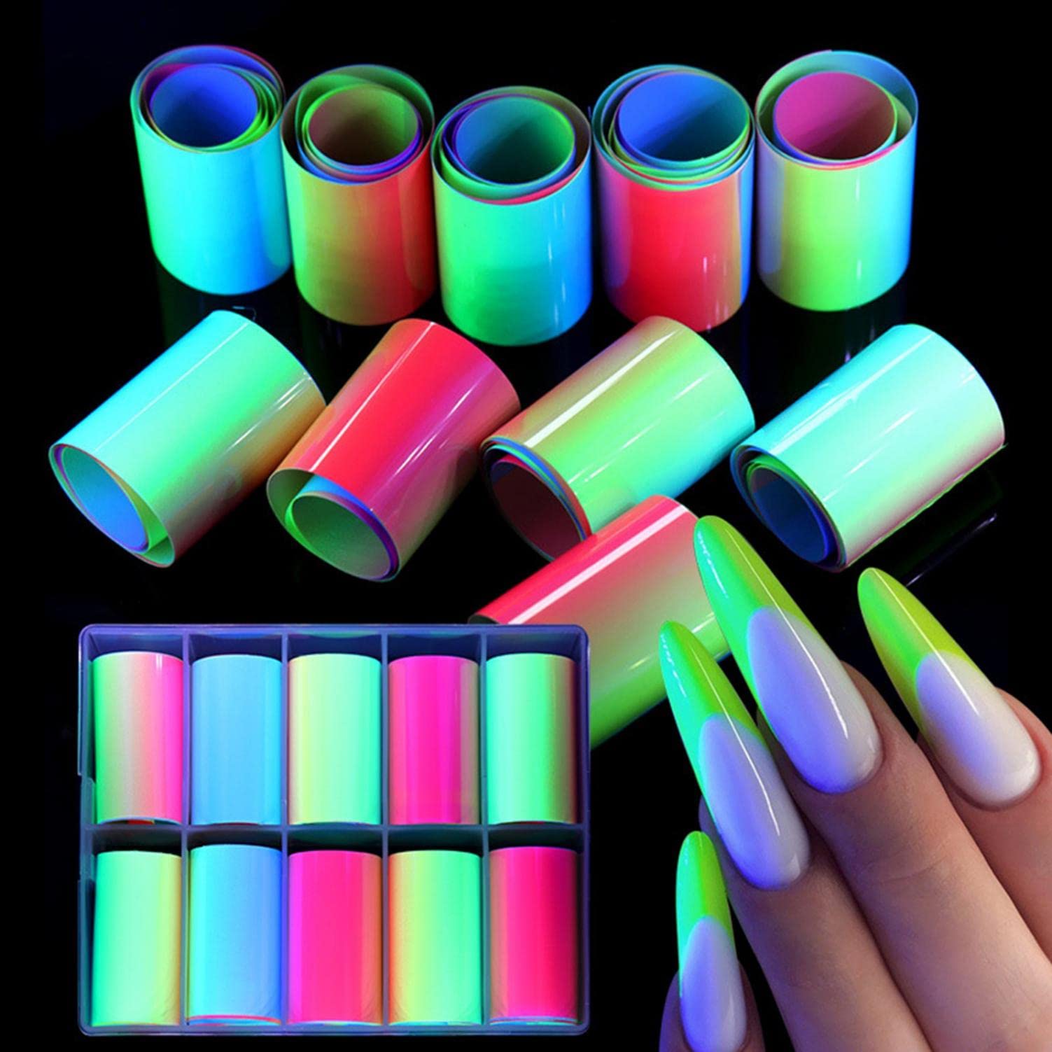 10 Rolls Fluorescent Nail Foil Wraps - Iridescent Gradient Nail Art Decals & Transfer Sheets - DIY Nail Stickers for Women & Girls - Perfect for Manicures, Nail Art Designs, and Salon Quality Nails at Home