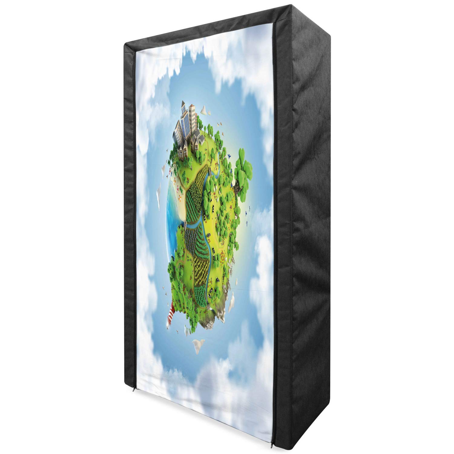 Ambesonne World Portable Fabric Wardrobe - Cartoon Style Globe Design with Greenery & Peaceful Country Sky | 33.5