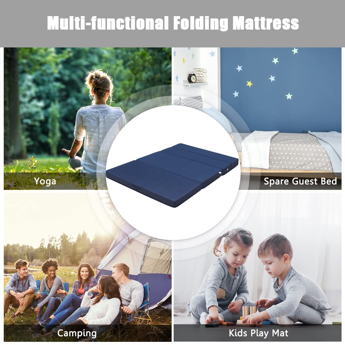 KOMFOTT 4-Inch Tri-Folding Memory Foam Mattress Queen Size - Removable Washable Cover, Foldable Guest Bed for Sofa, Travel & Camping - Navy Blue