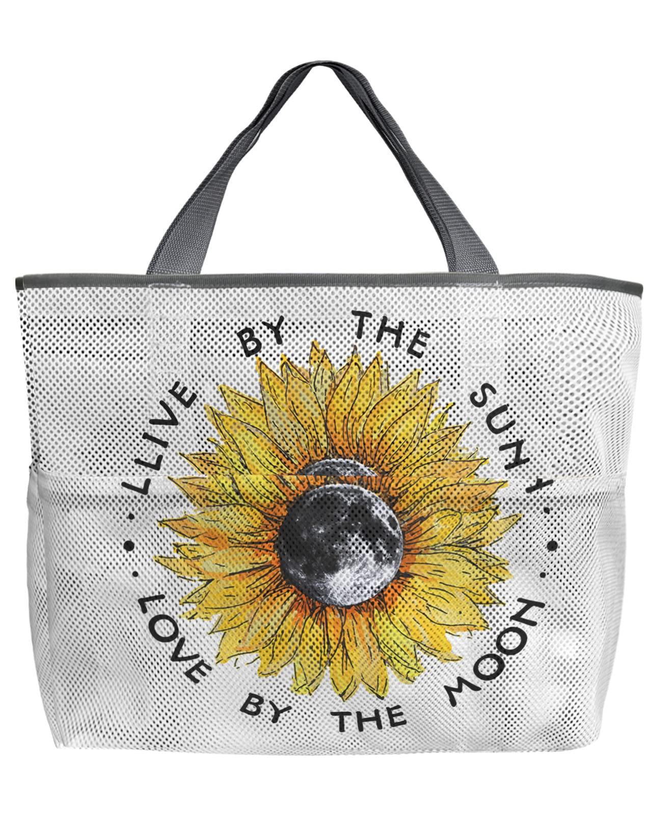 Mesh Beach Tote Bag with Inspirational Quote - 60L Oversized Sunflower Design, Quick-Dry Swim Bag with Pockets (24x18x8 inches) | Foldable Lightweight Storage for Beach, Pool, Groceries & Toys | Perfect for Summer Travel, Picnics & Water Activities