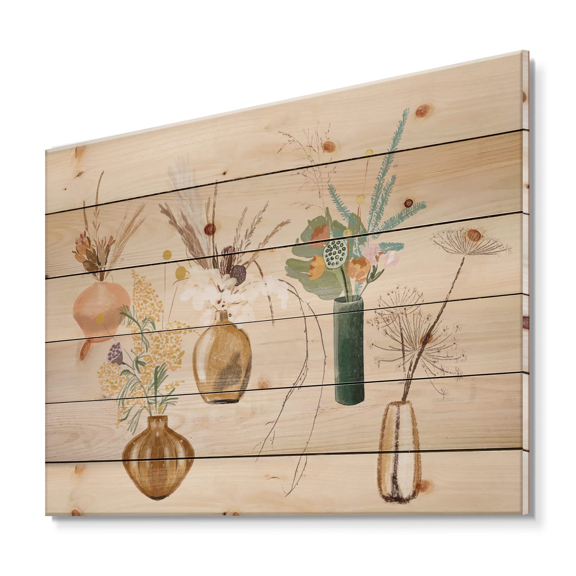 DesignQ Wildflower Bouquets in Gold Vases III - Traditional Wood Wall Decor, Beige Floral Wall Art, Large Pine Wood Wall Panels - Perfect for Living Room, Bedroom & Office Decor