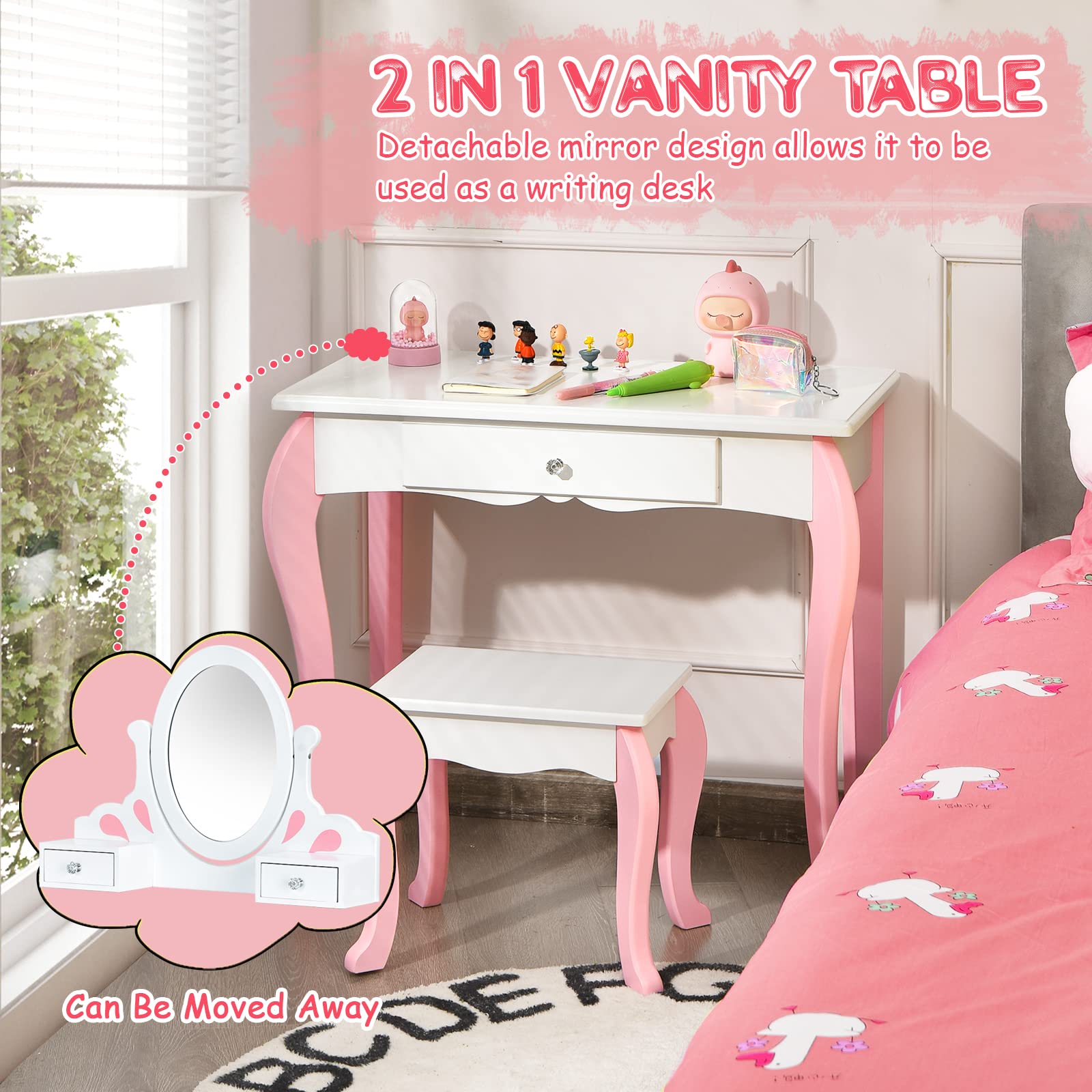 Olakids 2-in-1 Wooden Princess Vanity Set with 360° Rotating Mirror & Storage Drawer - Kids Makeup Table & Chair for Girls, Pretend Play Beauty Dressing Toy Gift (White) - Perfect for Bedroom Decor & Role Play Activities