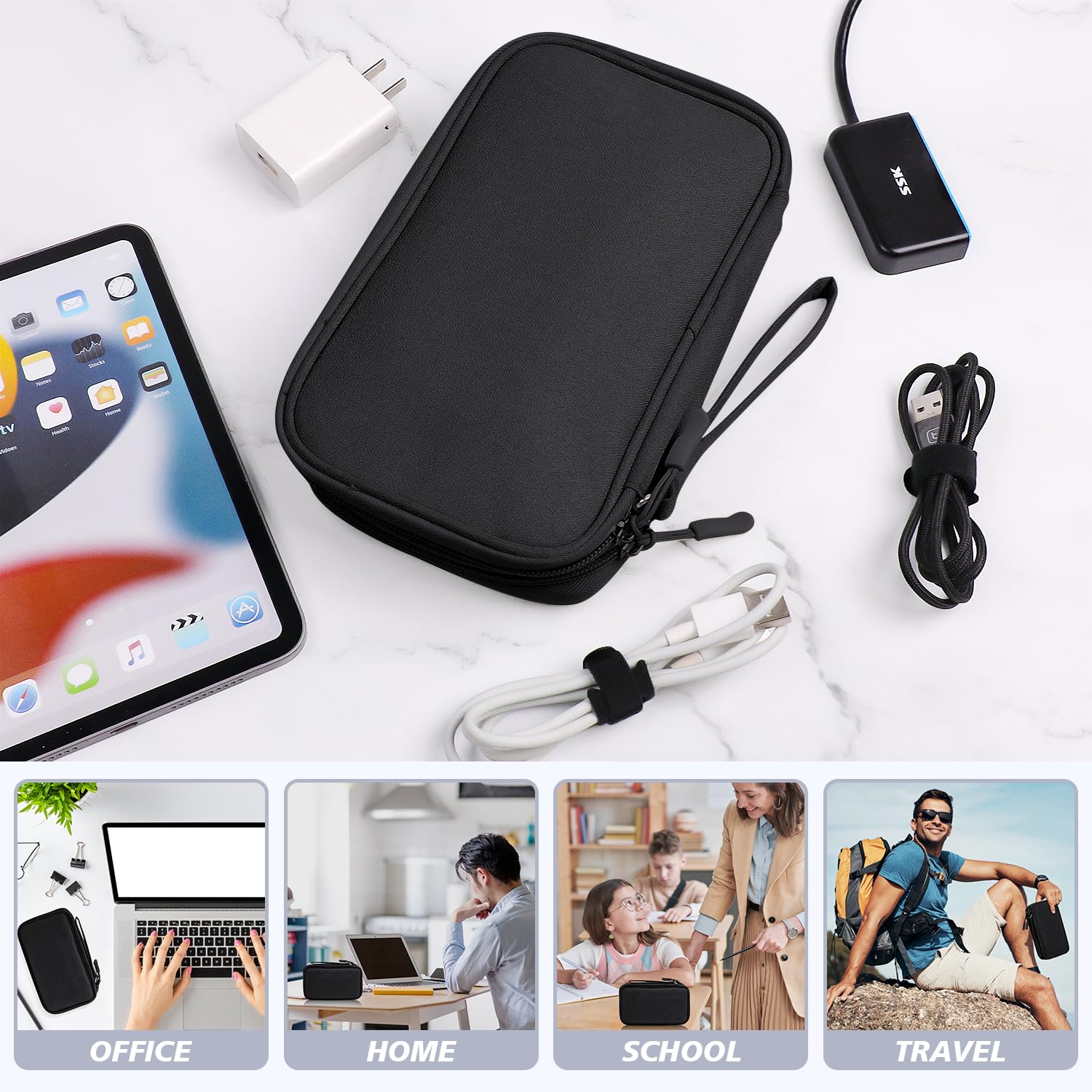 Electronics Organizer Travel Case - Waterproof Double Layer Tech Pouch for Cables, Chargers, Phones & Earphones - Perfect Travel Accessory for Men & Women (Black) | Ideal for Business Trips, Vacations & Daily Commute
