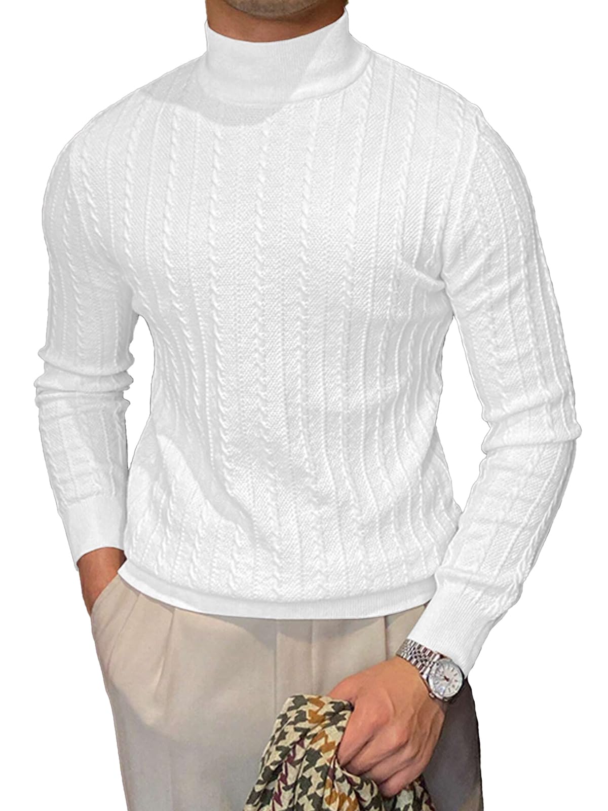 Men's Slim Fit Cable Knit Turtleneck Sweater - Casual Winter Pullover for Office & Outings