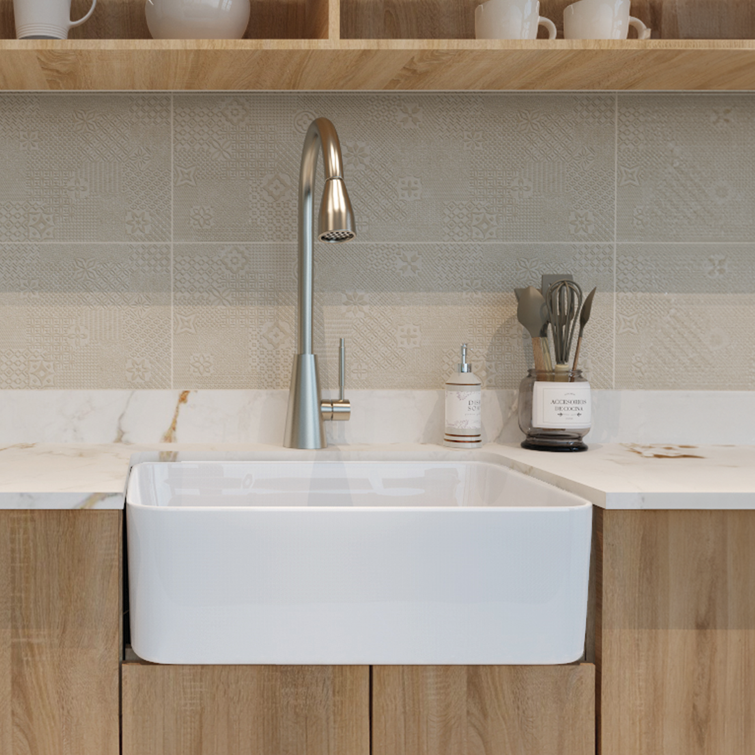 DAX Farmhouse Single Bowl Kitchen Sink - 33 x 20 x 8.5 Inch White Porcelain Undermount Sink with Apron Front for Modern & Rustic Kitchens (Model C3320)
