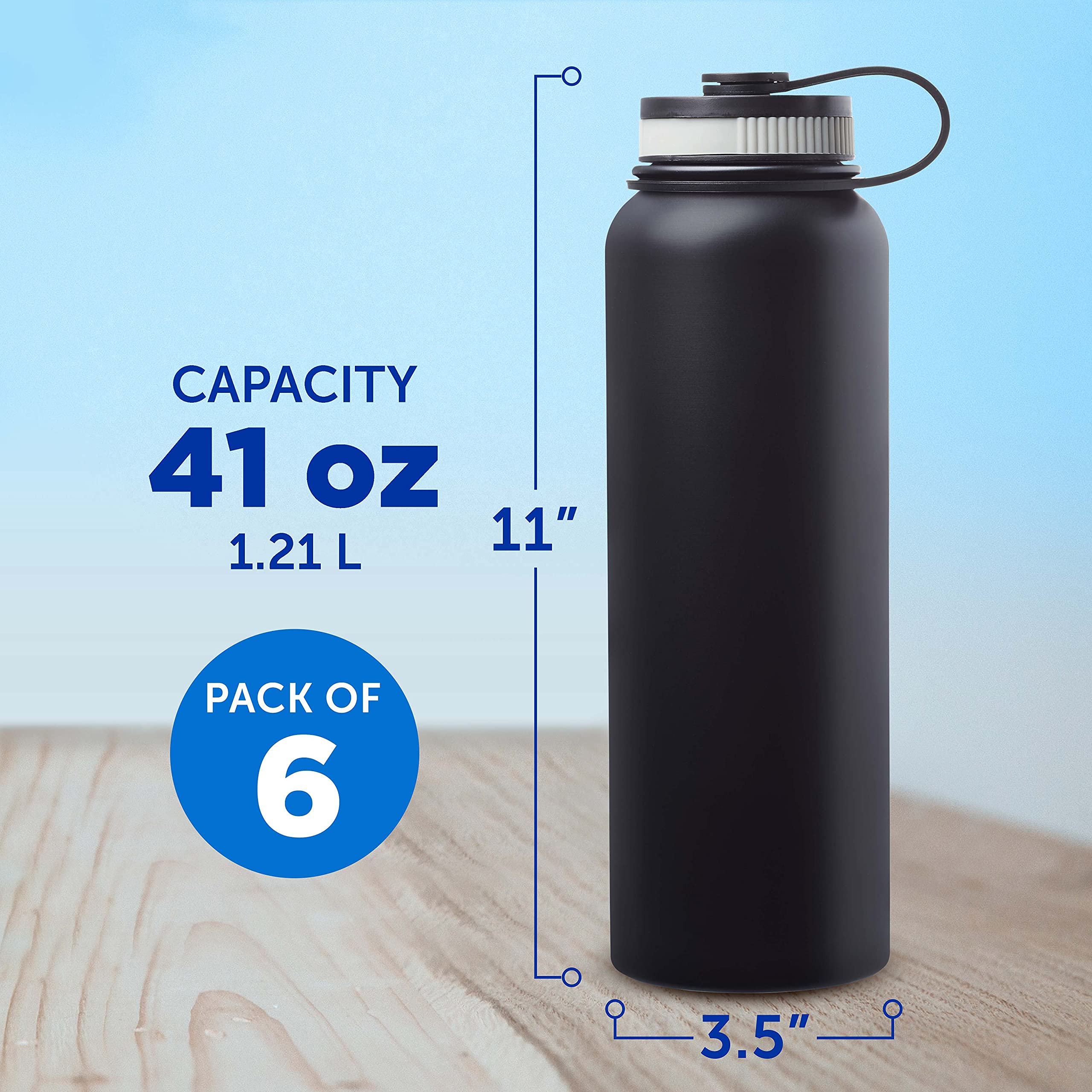 6-Pack 41oz Stainless Steel Vacuum Insulated Water Bottles - Double Wall Thermal Flask, Leakproof & BPA-Free - Perfect for Gym, Hiking, Camping & Office Use