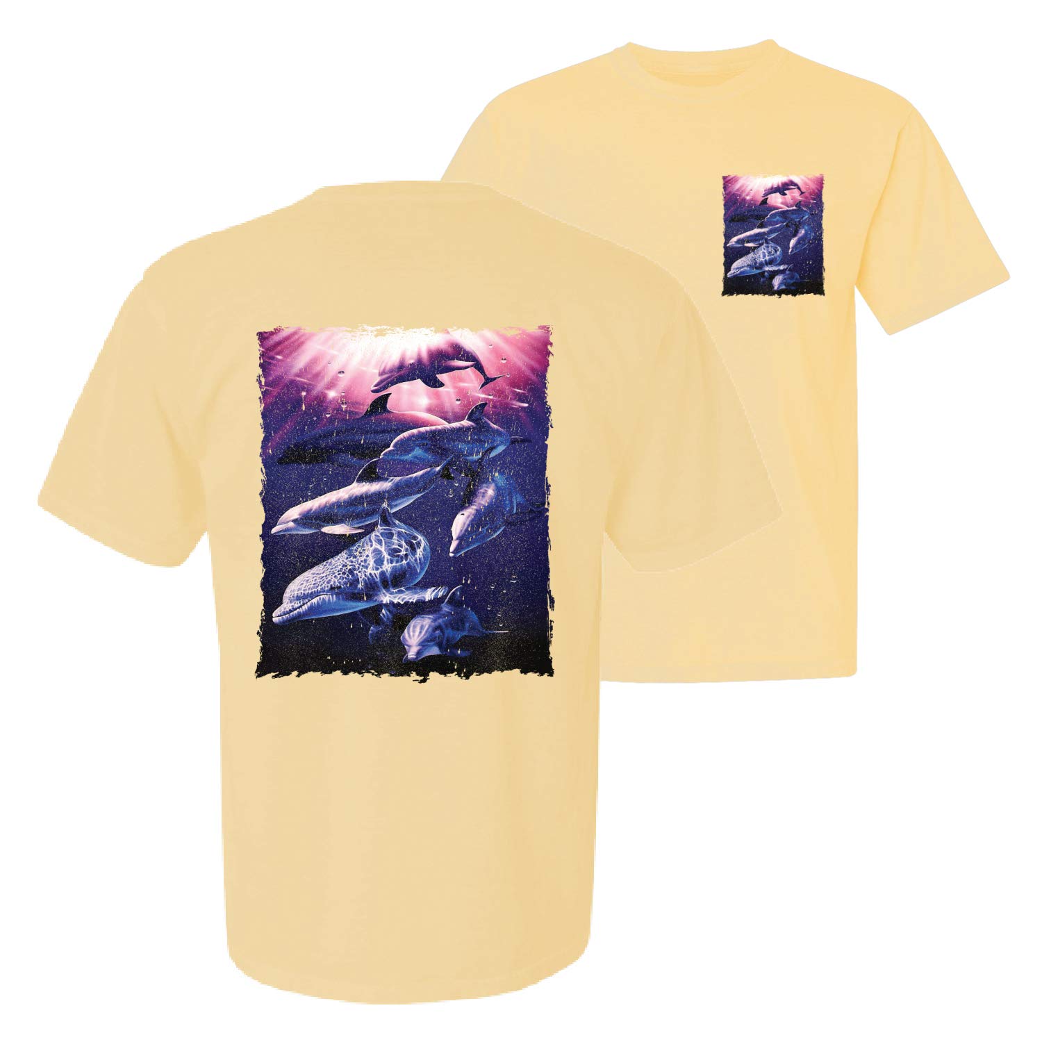 Whale and Dolphin Print Short Sleeve T-Shirt - Nautical Animal Lover Graphic Tee - Front & Back Garment-Dyed Casual Top for Beach, Vacation & Ocean Conservation Support
