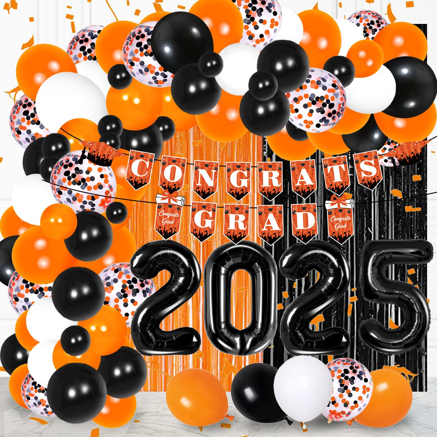 2025 Graduation Party Decorations Kit - Orange & Black Balloon Garland Arch, Mylar Foil Fringe Curtain - High School & College Graduation Party Supplies for Class of 2025 | Perfect for Graduation Ceremony, Photo Backdrops & Celebration Decor