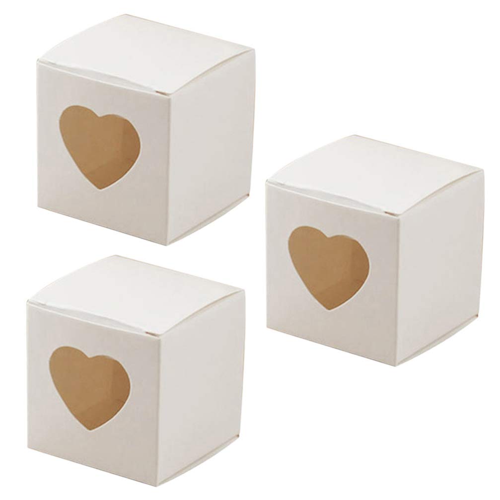 DOITOOL 50 Pcs Heart Window Kraft Paper Candy Boxes - Eco-Friendly Square Treat Boxes for Cookies, Sweets, Goodies - Perfect for Wedding Favors, Birthday Party, Baby Shower & Holiday Gift Packaging (White)