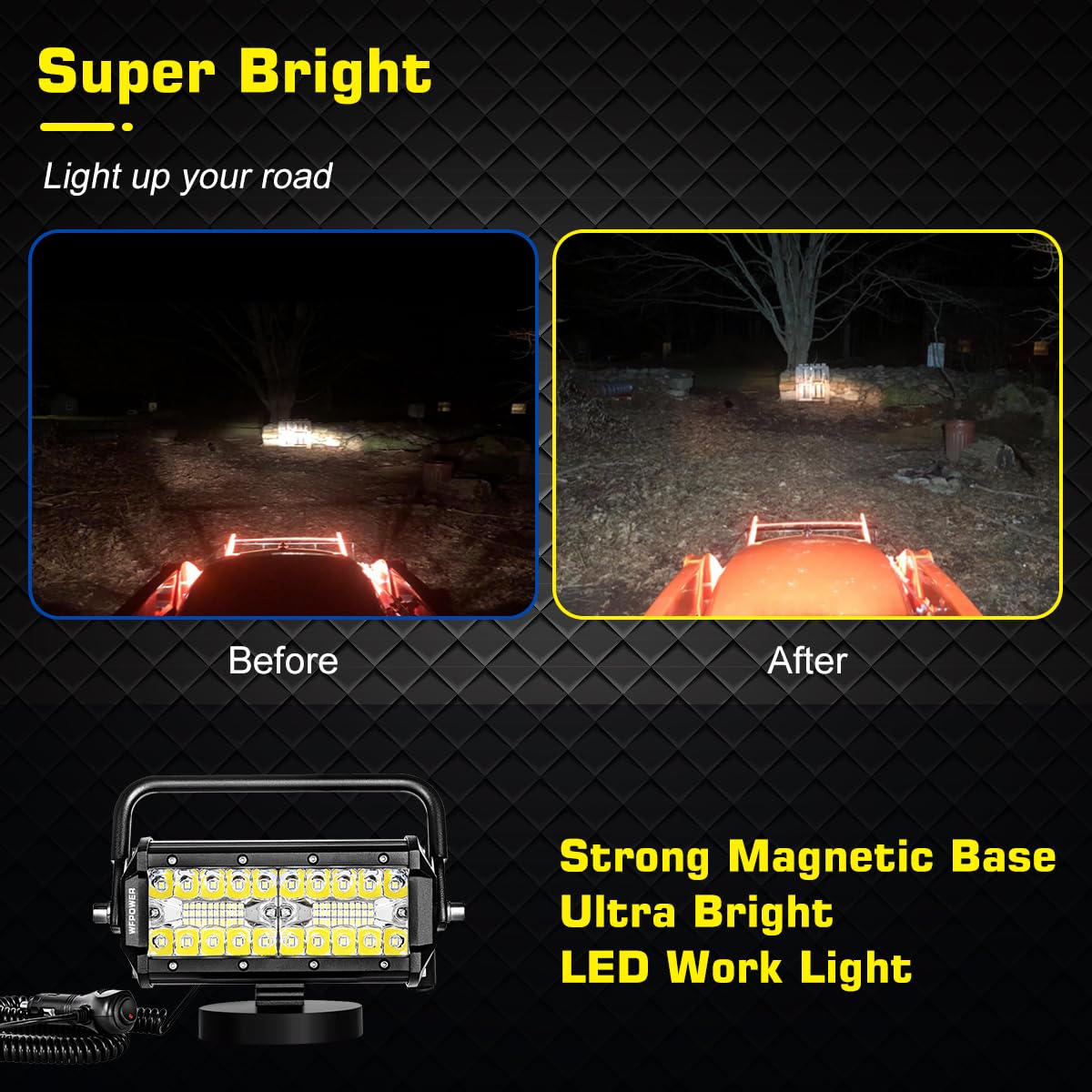 WFPOWER 48W Magnetic LED Work Light Bar - Combo Beam Light Pod with Magnetic Base, Portable Flood & Spot Light for Camping, Car, SUV, Boat, Truck, Driving & Fog Lights - Perfect for Off-Road Adventures, Emergency Repairs & Nighttime Work
