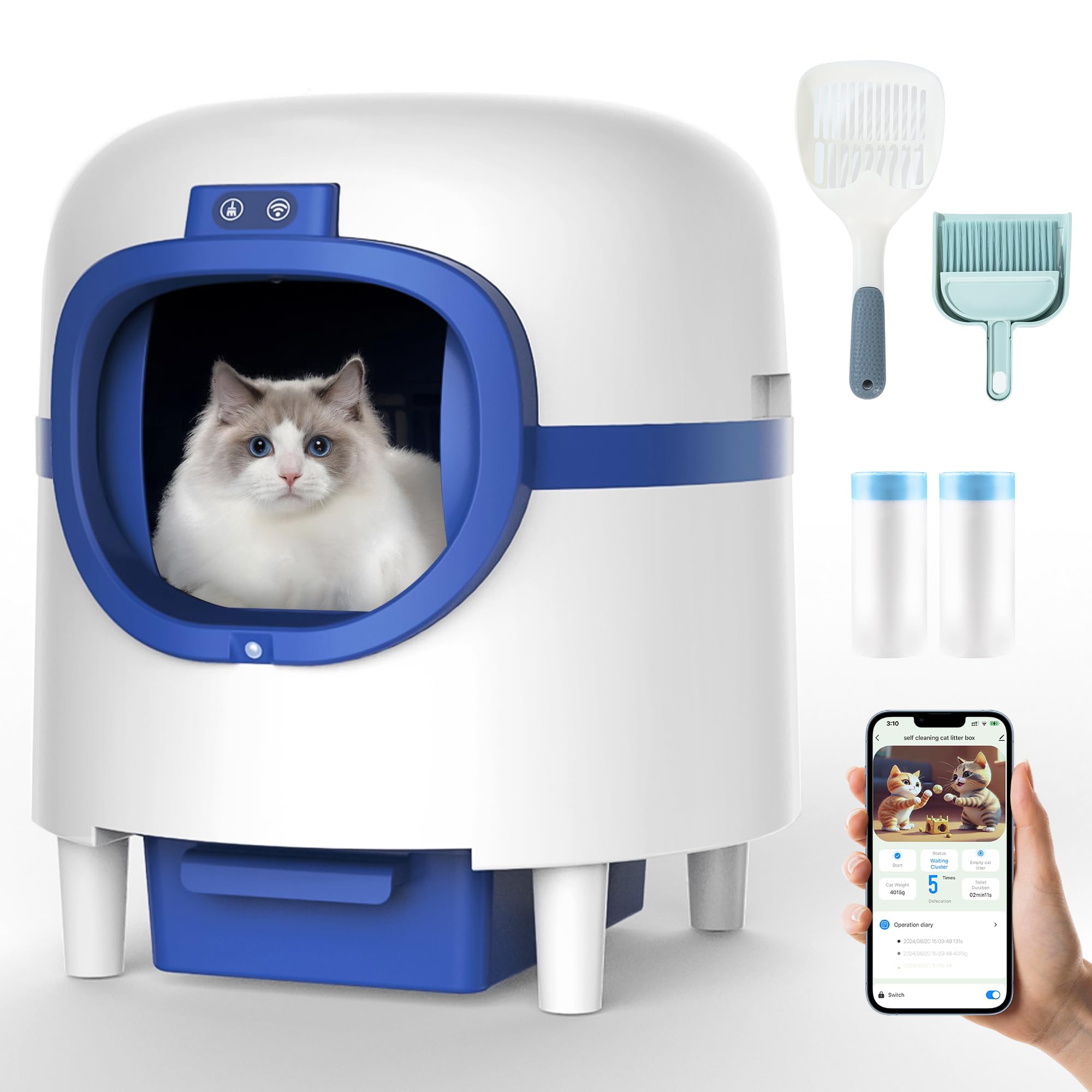 Self Cleaning Cat Litter Box Automatic - Large Capacity Smart Litter Box for Multiple Cats with APP Control, Low Noise & Odor Removal - Includes 2 Rolls Garbage Bags (White & Blue) - Perfect for Busy Pet Owners & Multi-Cat Households
