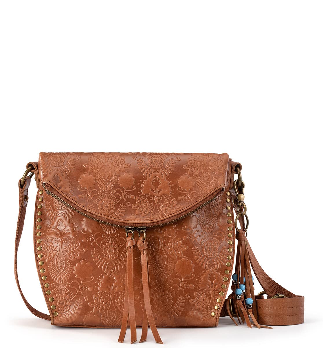The Sak Women's Silverlake Leather Crossbody Bag - Adjustable Strap, Zipper Pockets, Tobacco Floral Embossed - Perfect for Casual Outings, Travel & Everyday Use