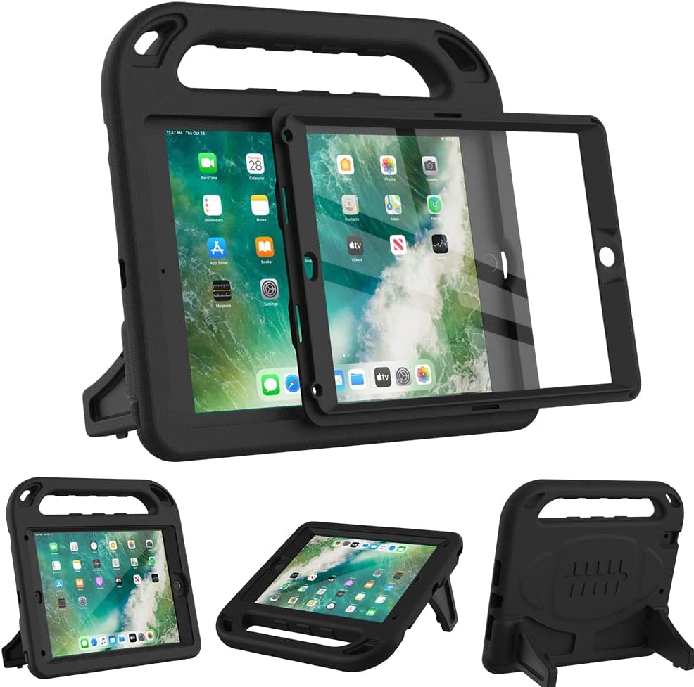 eTopxizu Shockproof Kids Case for iPad 9.7 Inch (2018/2017 5th/6th Gen, iPad Air 2/1) with Built-in Screen Protector & Handle Stand - Durable Protective Cover for School, Travel, and Home Use - Black