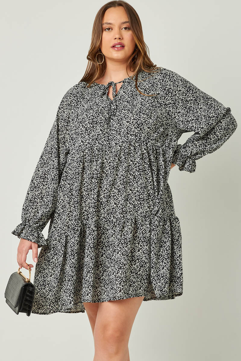 Ditsy Floral Print Tie Neck Long Sleeve Women's Dress - Perfect for Spring Outfits, Date Nights & Office Wear