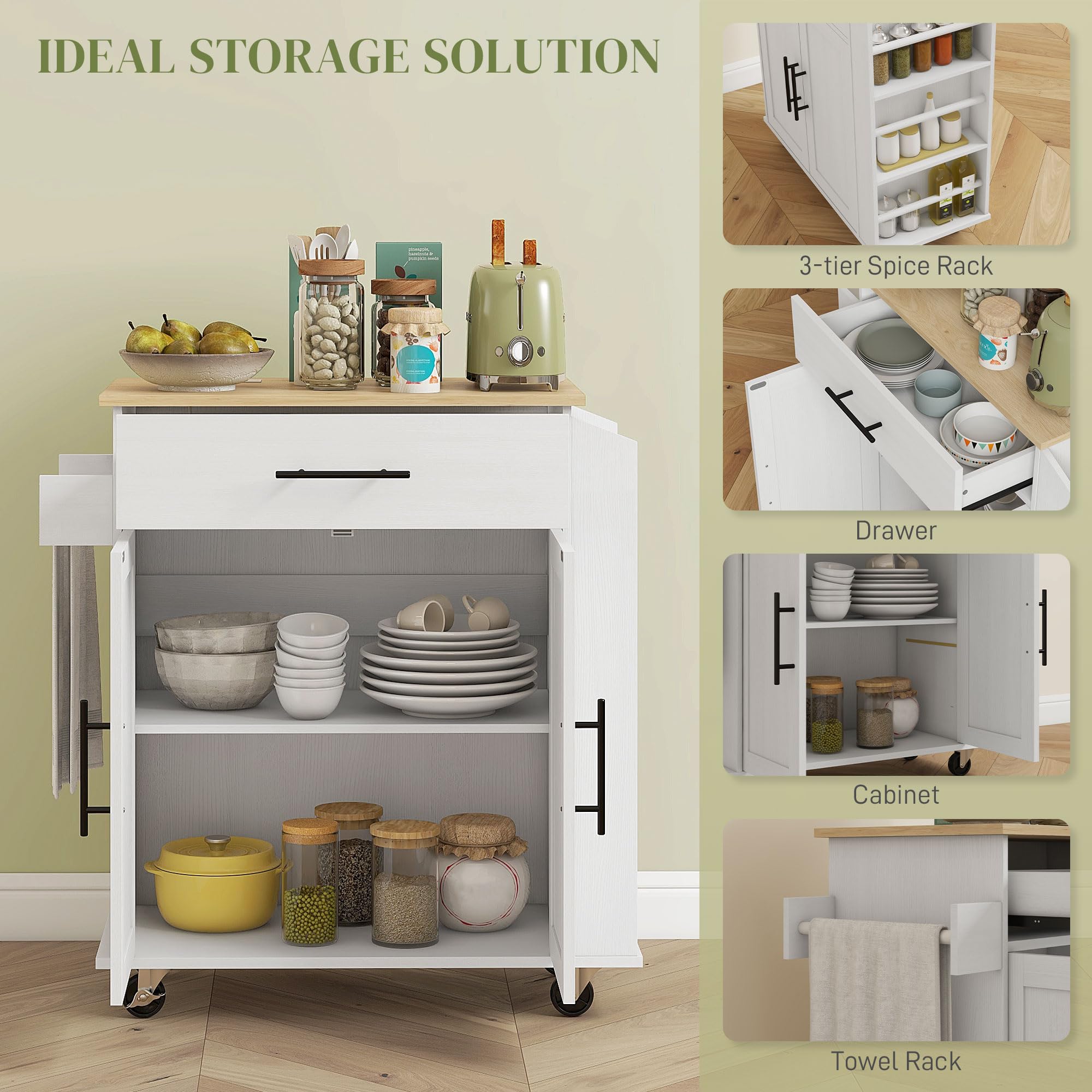 HOMCOM White Kitchen Cart with Wheels - Mobile Kitchen Island with Storage Shelf for Small Spaces, Perfect for Cooking, Baking & Dining Prep
