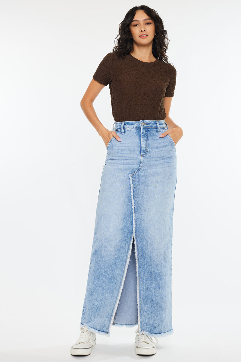 Anette High Rise Maxi Denim Skirt for Women - Vintage Blue Stretch Denim Long Skirt with Side Slits | Perfect for Casual Outfits, Date Nights & Boho Style
