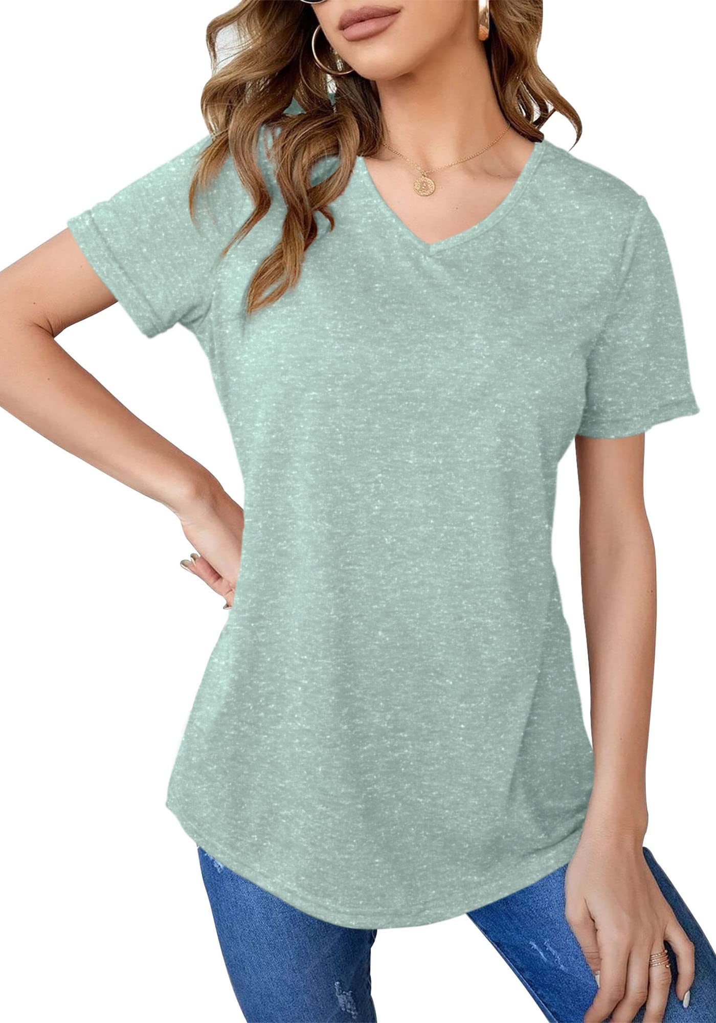 Women's Plus Size Short Sleeve V-Neck T-Shirts - Summer Loose Casual Blouses & Basic Tees | Trendy Fashion Top for Everyday Wear, Office & Outings