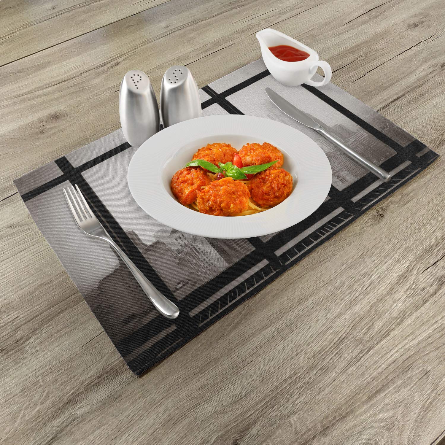 Ambesonne Philadelphia Skyline Placemats Set of 4 - Window View Cityscape Design, Washable Fabric Table Mats for Dining, Standard Size Gray Black - Perfect for Home Decor & Dinner Parties