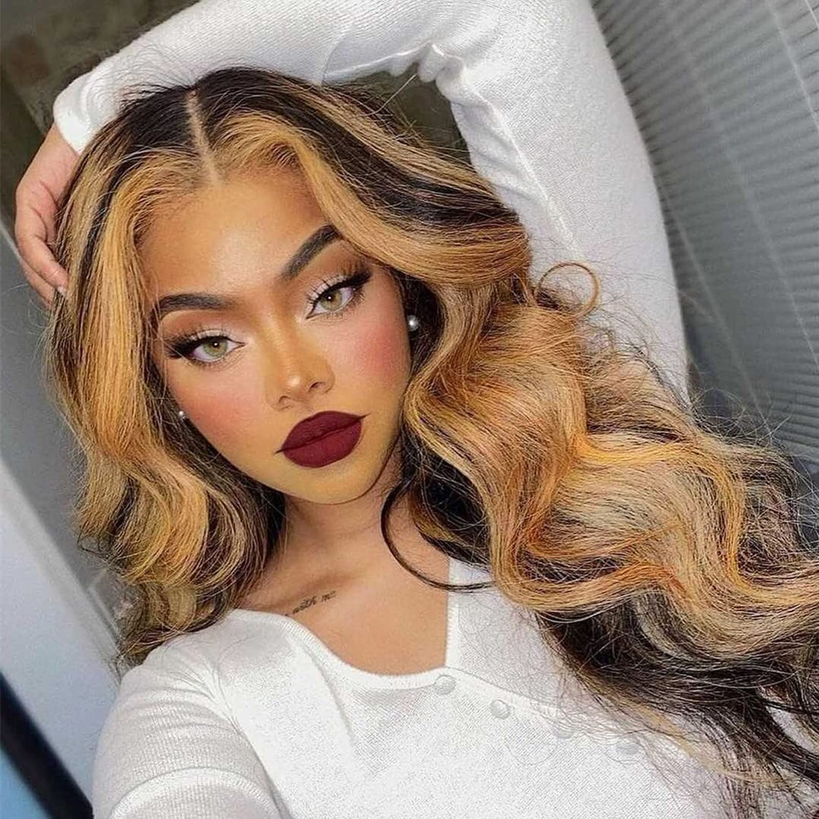 150% Density Body Wave Highlight 4/27 Lace Front Wig - Human Hair Glueless Pre-Plucked Transparent Lace Wig (22 Inch) for Everyday Wear, Parties & Special Occasions