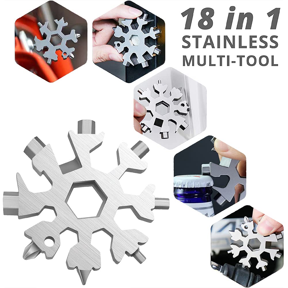 18-in-1 Snowflake Multi Wrench Keychain Tool - Compact Silver Pocket Multitool for Outdoor Camping, Hiking, Emergency Repairs & Christmas Gifts - Perfect for DIY, Car Maintenance & Survival Kits