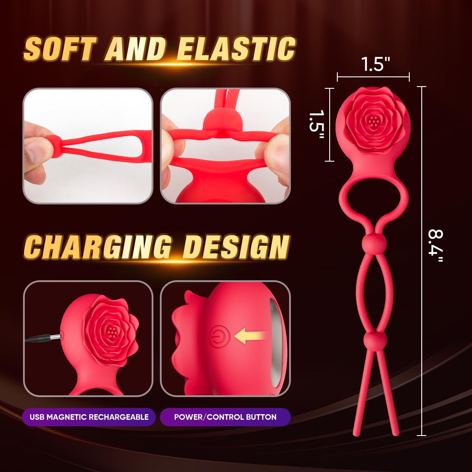 Premium Silicone Adjustable Cock Ring for Men - Rose Design Penis Ring Enhancer for Harder & Longer Erections - Couples Sex Toy with Clitoral Stimulator - Perfect for Intimate Play & Enhanced Pleasure