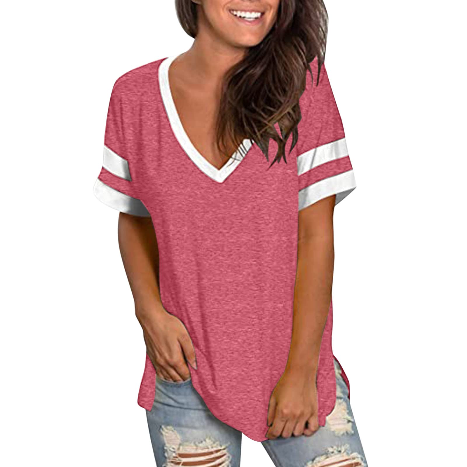 BEUU Women's Summer Star Print Short Sleeve V-Neck T-Shirt - Side Split Tunic Pullover Top for 4th of July | Casual Outfit, Beach Wear & Holiday Celebration