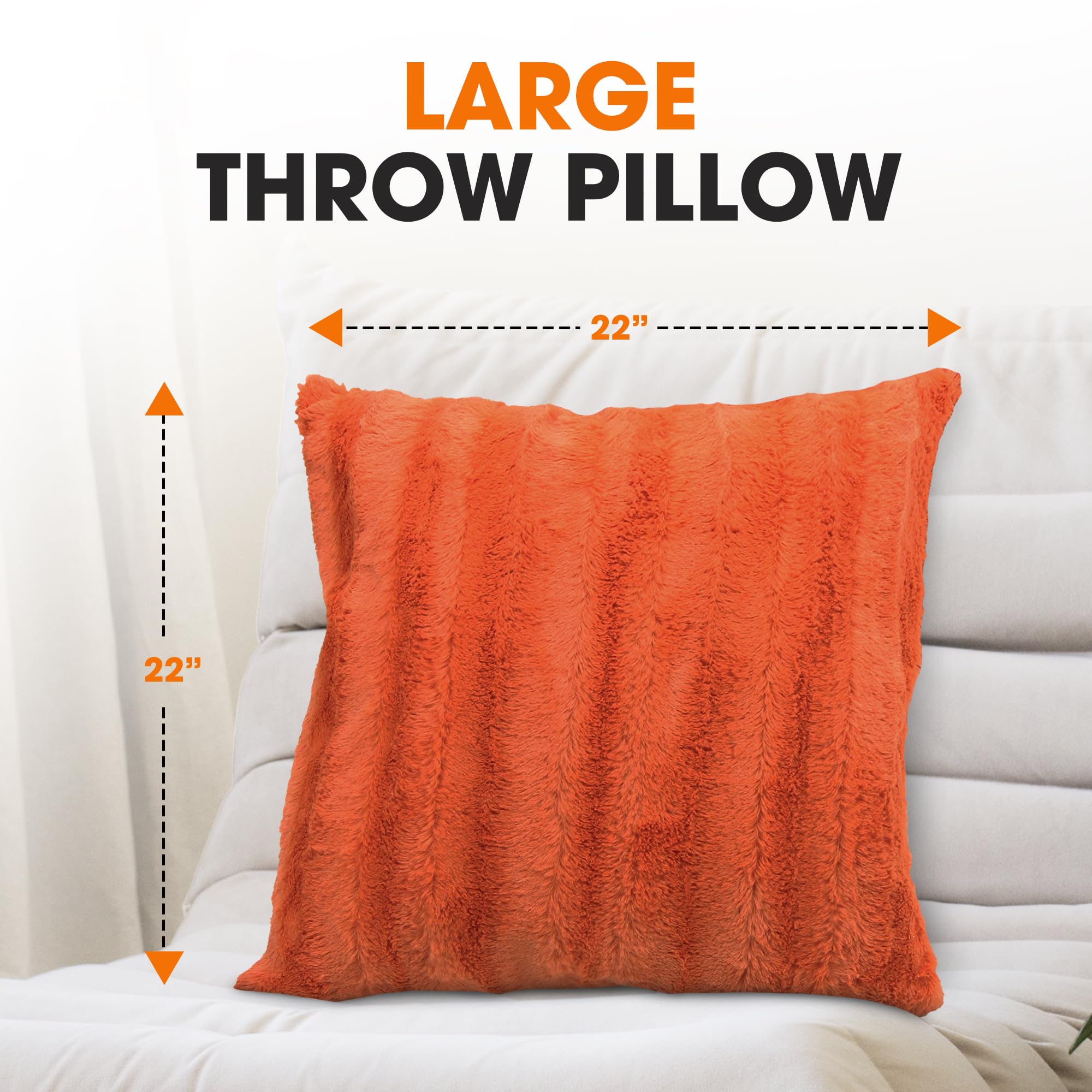 Cheer Collection Faux Fur Throw Pillows Set of 2 - 22x22 Inch Soft Decorative Couch & Bed Pillows for Living Room, Bedroom, Rust Accent Home Decor - Cozy Aesthetic Throw Pillows for Sofa, Chair, Dorm & Nursery