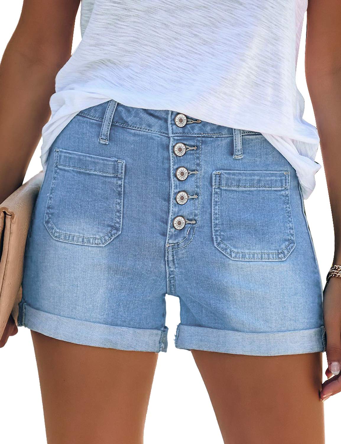 LookbookStore Women's High Waisted Denim Shorts with Sewn Cuffs & Button Details | Summer Fashion | Casual Outfit, Beach Wear, Street Style