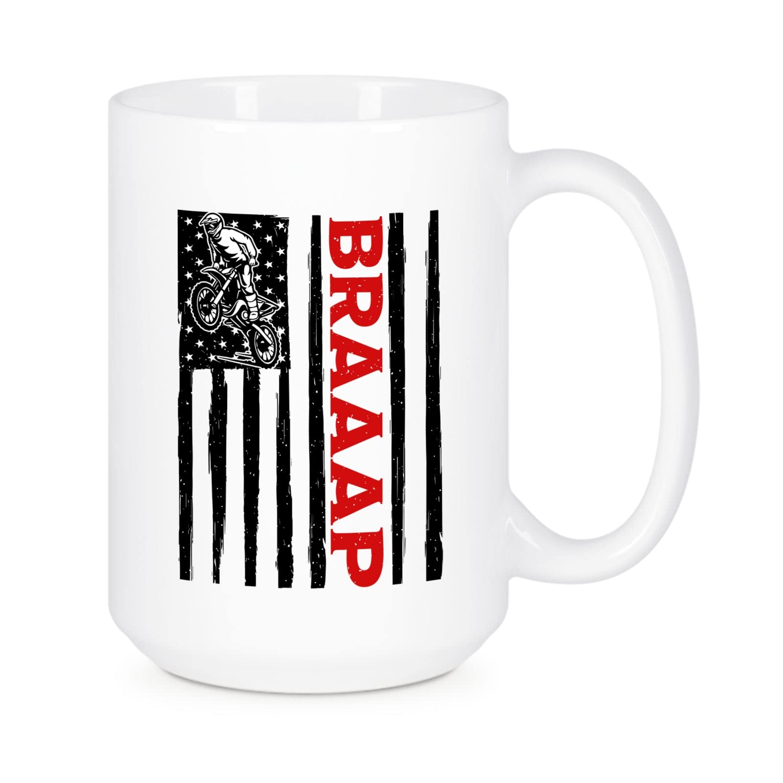 Braaap USA Flag Dirt Bike Themed Ceramic Coffee Mug - 11oz & 15oz Motorcycle Enthusiast Gift for Birthday, Father's Day - Perfect for Motocross Fans, Off-Road Racing Lovers - Great for Home, Office or Camping Trips
