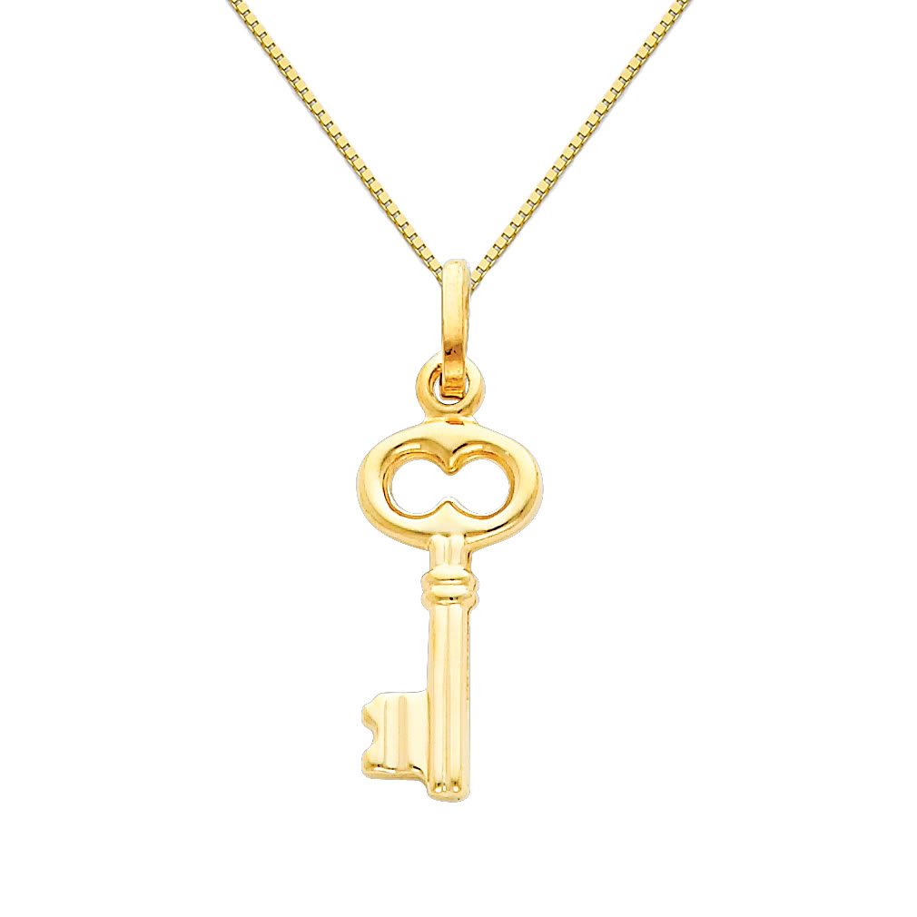 14K Yellow Gold Key Pendant Necklace with 0.65mm Box Link Chain - Elegant Jewelry Gift for Women, Perfect for Valentine's Day, Anniversary & Special Occasions