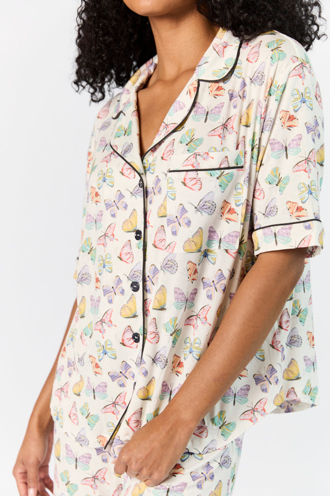 Good To Get Away Butterfly Print Short Sleeve Pajama Top for Women - Soft Sleepwear & Lounge Wear - Perfect for Bedtime, Relaxing at Home or Vacation