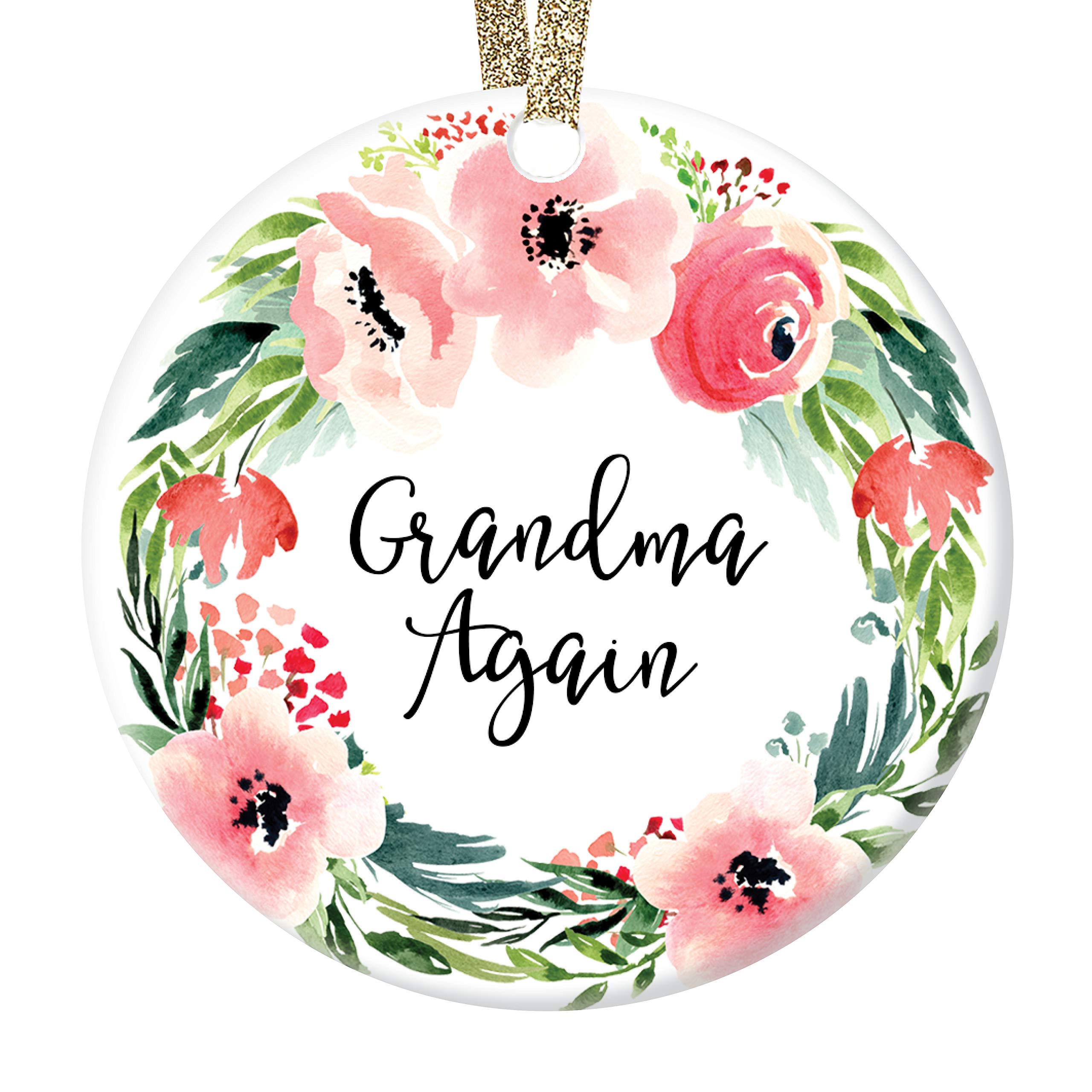 Grandma Again Christmas Ornament - Pregnancy Announcement Gift for Expecting Grandmother, Pink Floral Wreath Ceramic Keepsake with Gold Ribbon (3