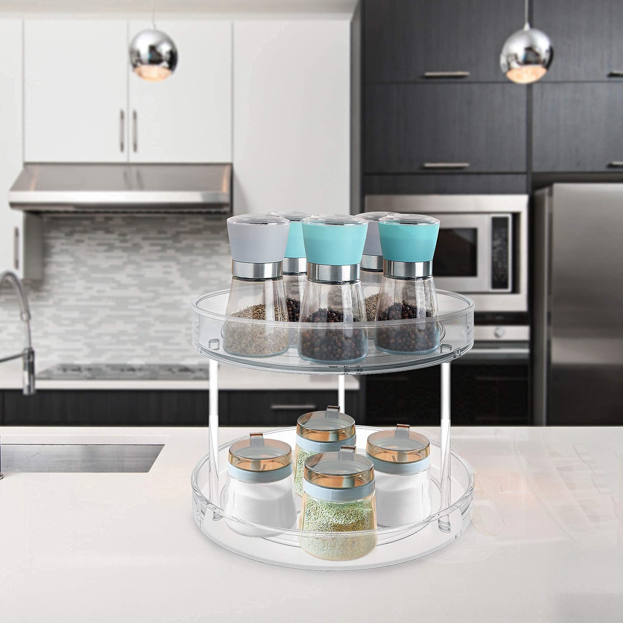 VAEHOLD 2 Tier Lazy Susan Turntable Spice Rack Organizer - Farmhouse Style Kitchen Cabinet Organizer for Spices, Fruits, Snacks | Perfect for Pantry, Cupboard, Bathroom & Table Decor | Space-Saving Storage Solution for Home & Office