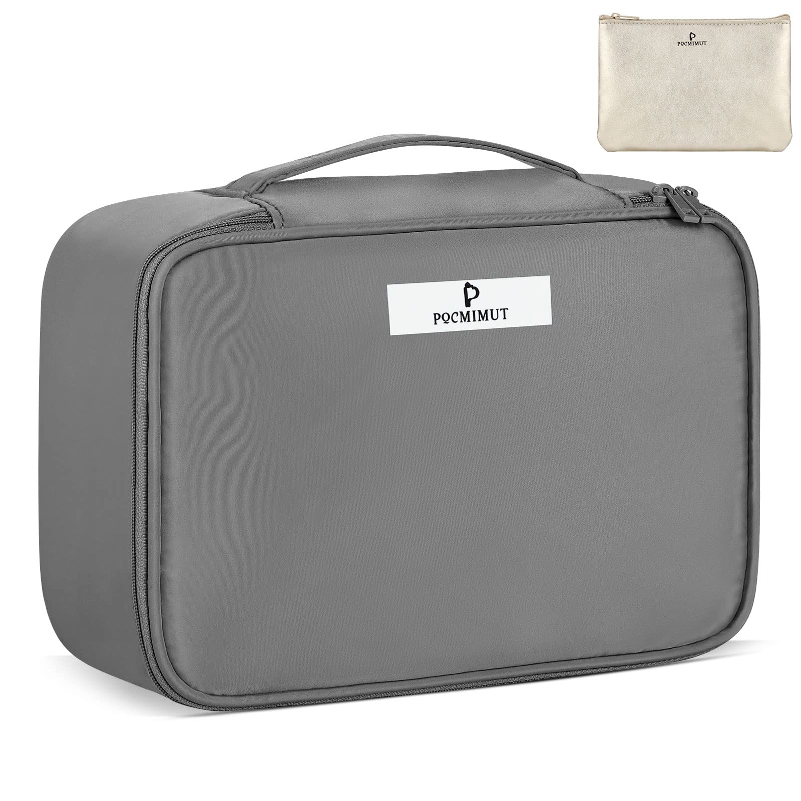 Pocmimut Large Makeup Bag for Women - Waterproof Cosmetic & Toiletry Travel Organizer with Brush Holder - Perfect for Travel, Gym, and Daily Use (Grey)