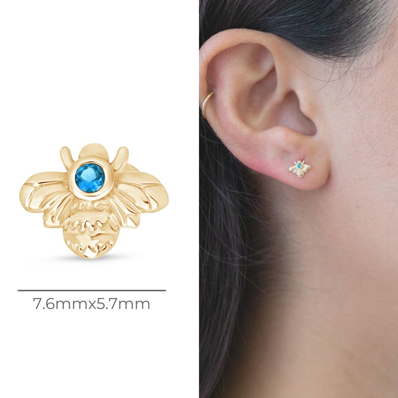 14K Yellow Gold Blue Topaz Bee Stud Earrings - Dainty Floral Jewelry for Women, Perfect for Everyday Wear & Gift Giving