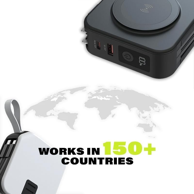 5-in-1 Travel Charger Power Bank with Wireless Charging - 10,000mAh Portable Charger for iPhone, Samsung, Android, AirPods, iPad & Smartwatches - Worldwide Compatibility with 4 Universal Adapters (Black) - Perfect for Travel, Camping & Emergency Power Backup