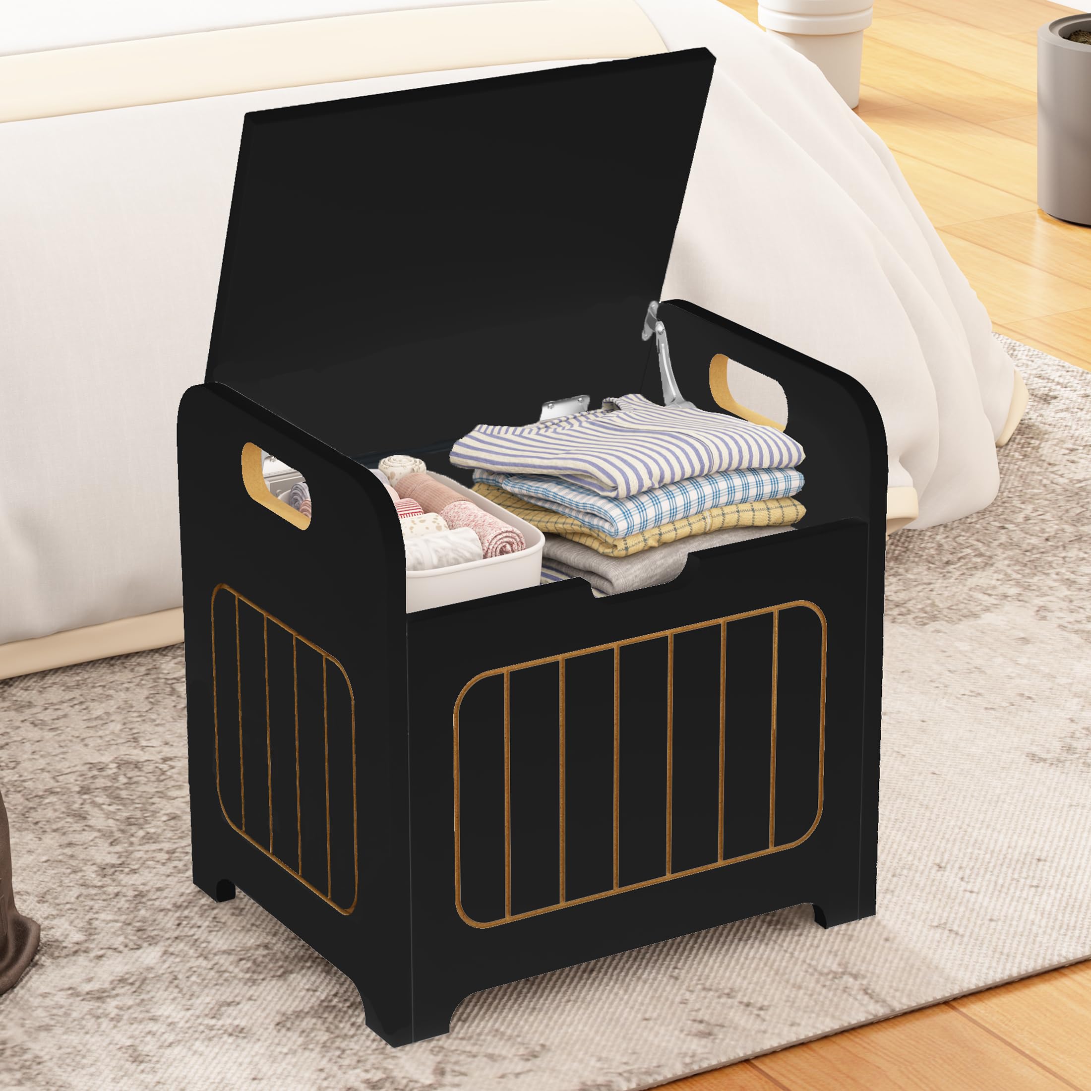 **Black Wooden Kids Storage Chest with Handle - Small Cube Toy Organizer Box for Books, Clothes & Toys - Perfect for Bedroom, Entryway & Nursery Organization**