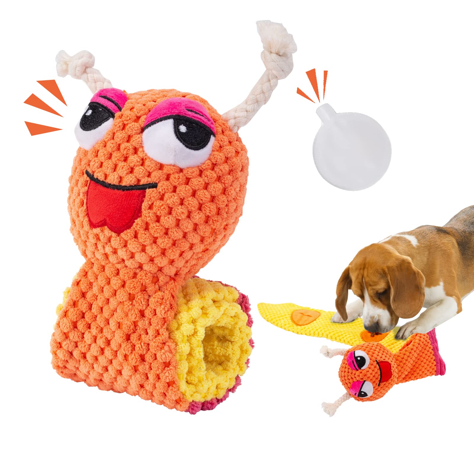 JOYELF Plush Snuffle Dog Toys with Squeaker & Treat Dispenser - Interactive Puzzle Toys for Small, Medium & Large Dogs - Crinkle Rope & Stuffed Snail Design for Mental Stimulation & Slow Feeding - Perfect for Indoor Play, Training Rewards & Anxiety Relief
