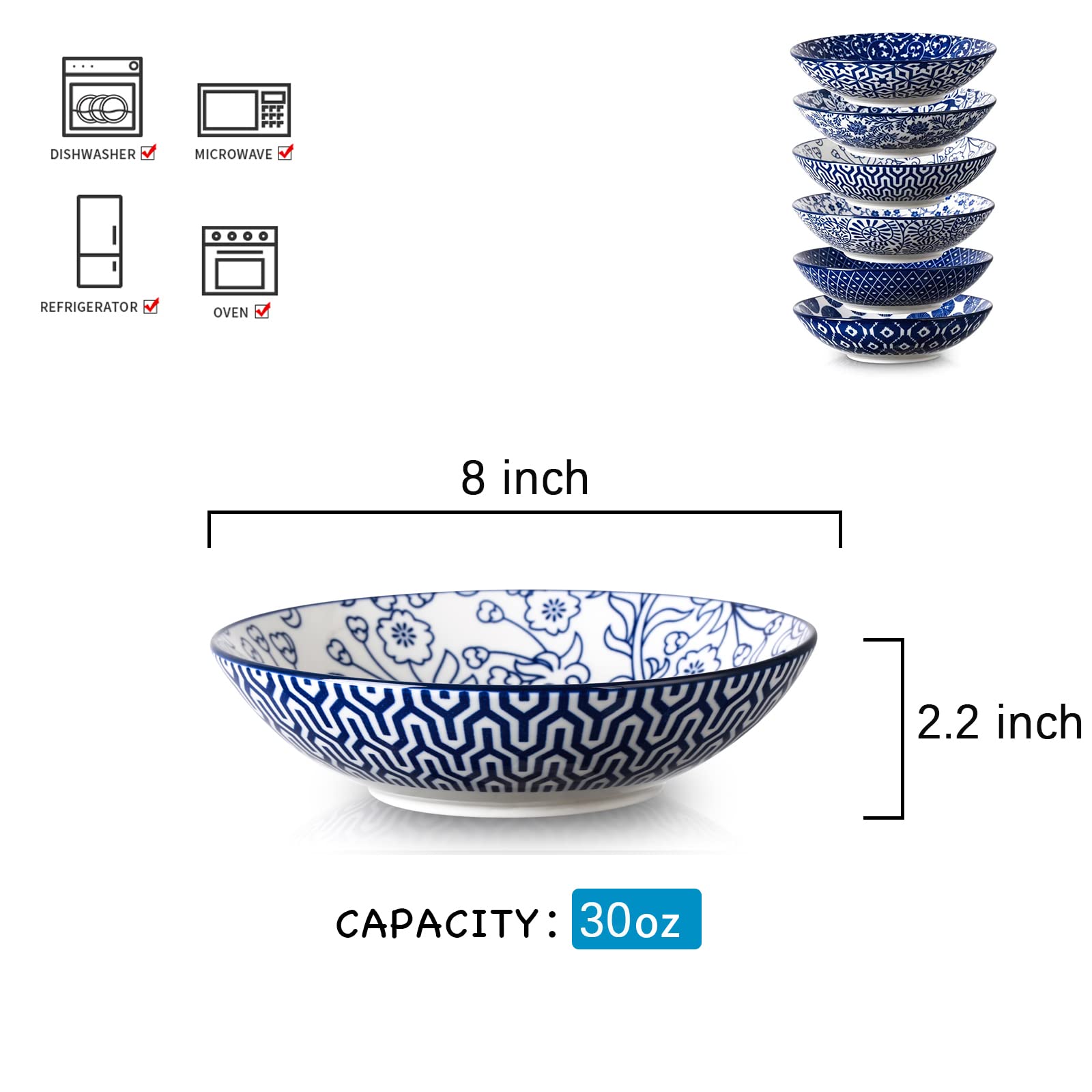 Selamica 30oz Ceramic Pasta Salad Bowls - Set of 6, 8 Inch Wide Shallow Soup Bowls, Stackable, Microwave & Oven Safe, Vintage Blue - Perfect for Serving Pasta, Salad, Soup, Ice Cream & Party Dishes