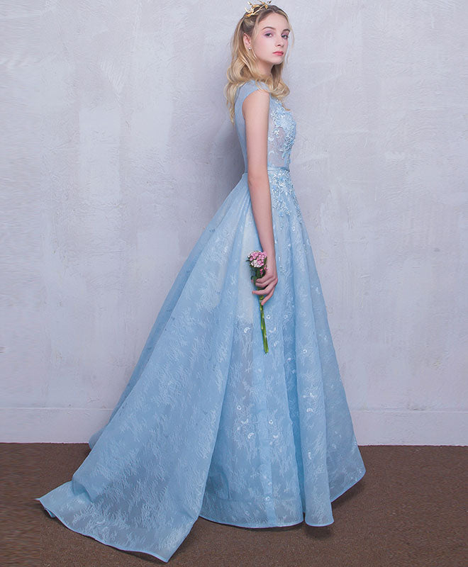Elegant Blue Round Neck Lace Long Prom Dress for Sweet 16 Party - Perfect for Homecoming, Formal Dances & Special Occasions