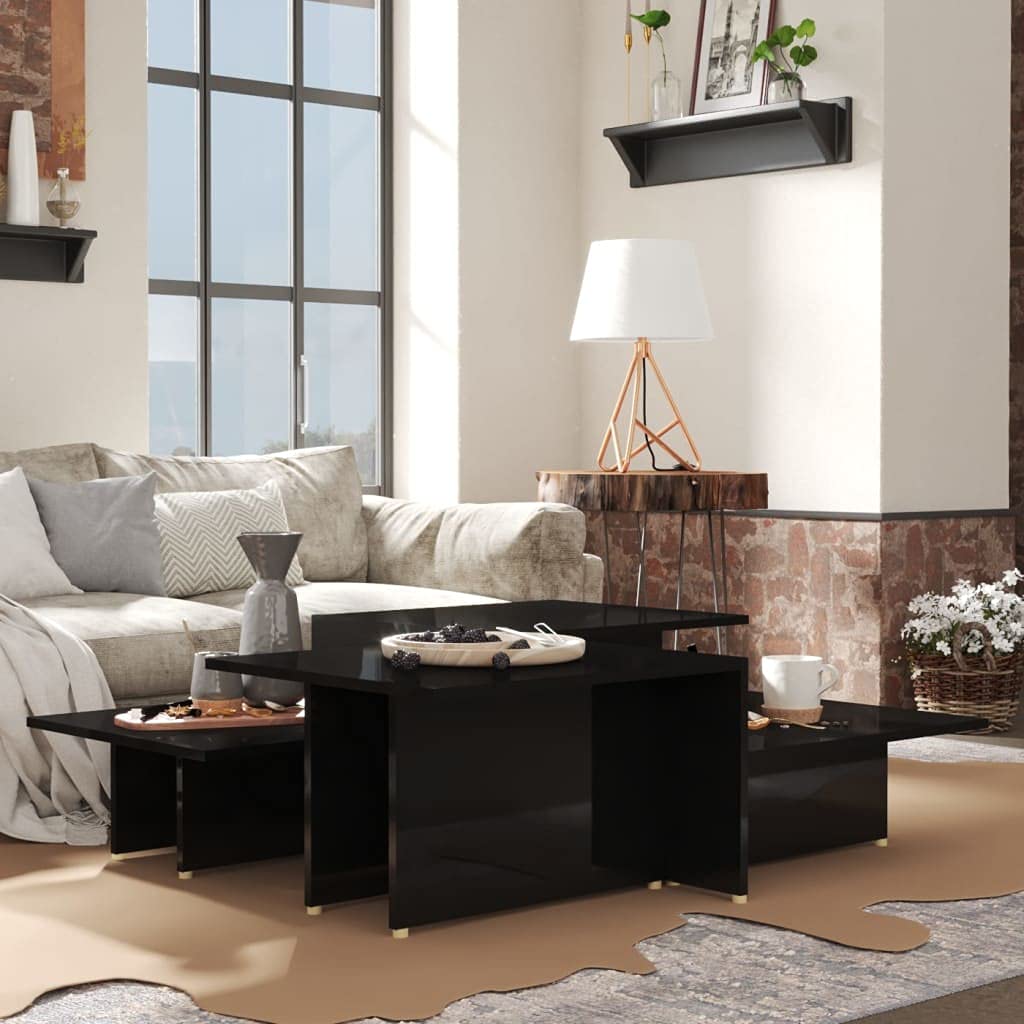 2-Piece Coffee Table Set - Modern Minimalist Wooden Side Tables with 2-Tier Design, High Gloss Black Finish - Perfect for Living Room, Office, or as Sofa End Tables - Great for Holding Drinks, Books, and Decor