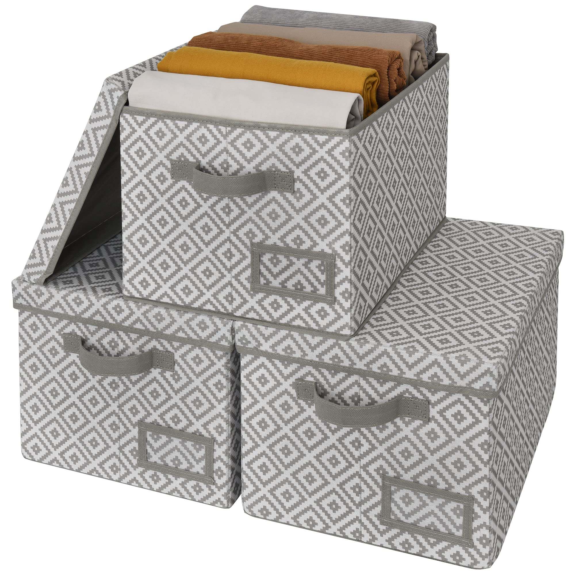 GRANNY SAYS Large Storage Bins with Lids - 3-Pack White/Gray Plastic Organizer Bins for Shelves, Closet & Home Organization | Space-Saving Storage Boxes with Label Holders | Perfect for Bedroom, Bathroom & Office Storage Solutions