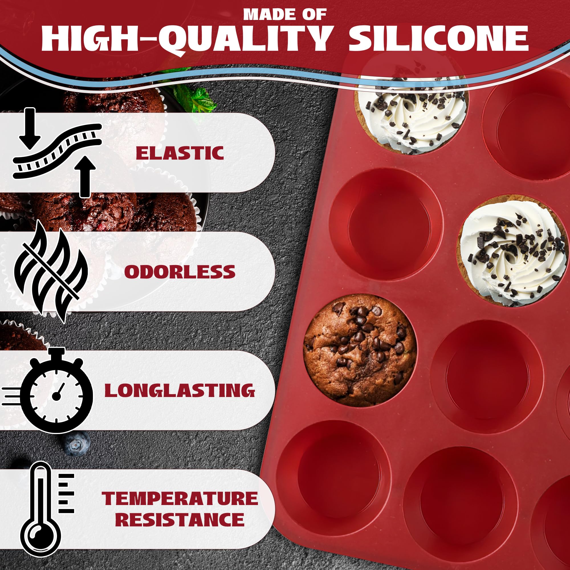 Premium Nonstick Silicone Muffin Pan Set - 12-Cup Deep Muffin Tray (2-Pack, 2-Inch Height) for Baking Cupcakes, Muffins & Desserts - Perfect for Home Baking, Party Treats & Holiday Cooking