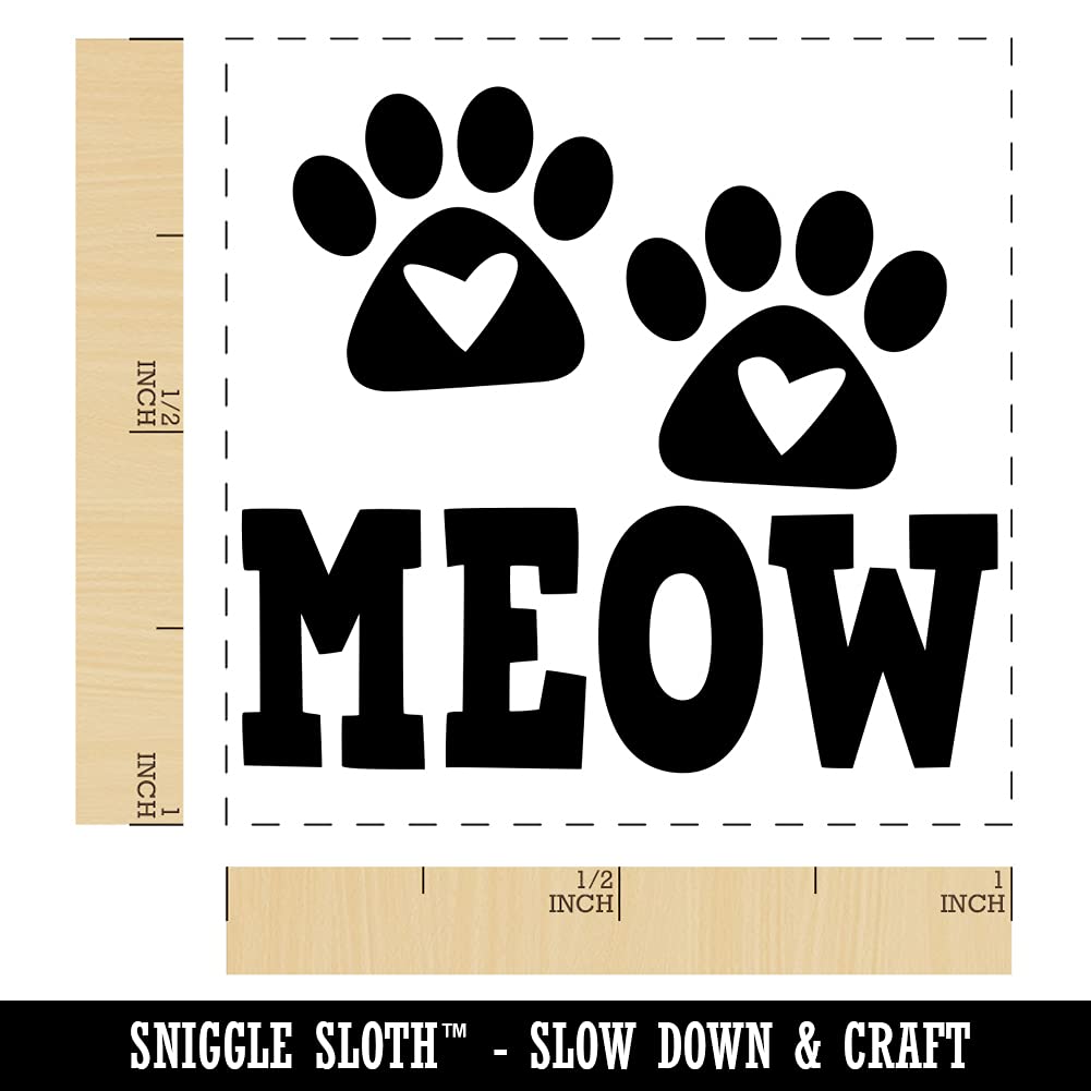 Meow Kitty Cat Paw Prints with Hearts Self-Inking Rubber Stamp - 1 Inch Small Red Ink Stamper for Scrapbooking, Card Making & DIY Crafts