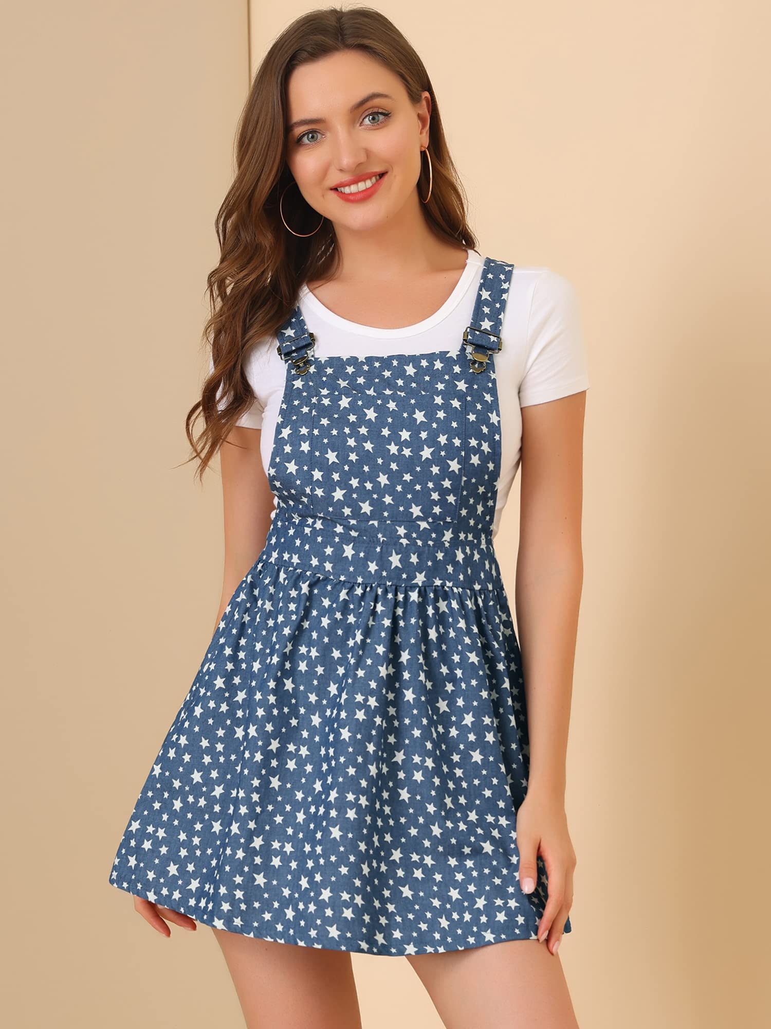 Allegra K Women's Printed Chambray Pinafore Dress with Adjustable Straps - Casual Mini Overalls for Spring & Summer Outfits, Date Nights and Music Festivals