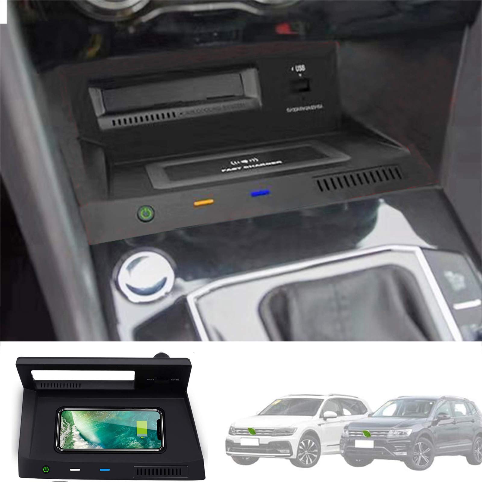 Fast Wireless Charger for VW Tiguan L 2017-2020 - Qi-Certified Car Charging Pad with QC 3.0 USB Port for iPhone 12/11/XS/XR/X & Samsung S20/S10/S9 - Perfect for Commuting & Road Trips